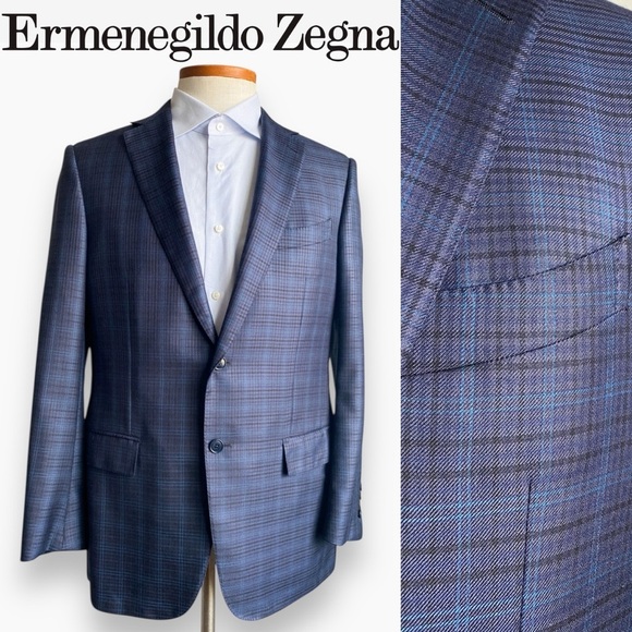 Ermenegildo Zegna Silk Wool Blue Plaid Check Blazer Sport Coat Suit Jacket 52R - Picture 1 of 9